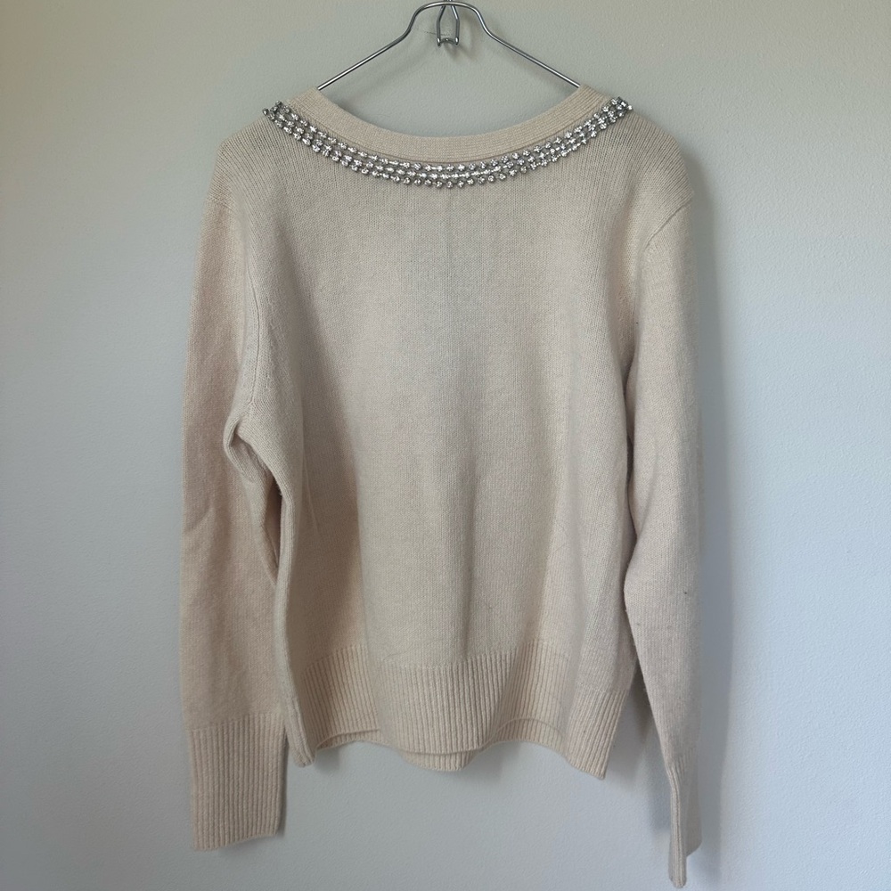 Sandro Paris Cream V-Neck Sweater with Rhinestone Neckline 2 - Picture 5 of 6